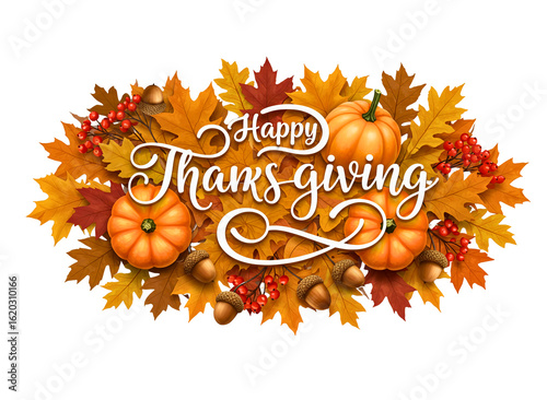 Happy thanksgiving decorative typography with pumpkins and autumn leaves isolated on transparent background