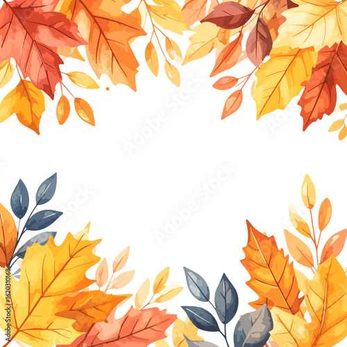 Autumnal Leaves Border: Watercolor Style with Warm Tones and Delicate Veins
