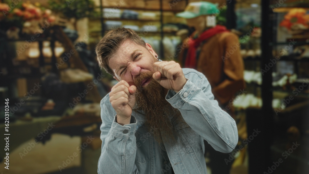Fototapeta premium Bearded man in denim jacket pinches under eyes for mock crying in a clothing store building; humor parody mockery.