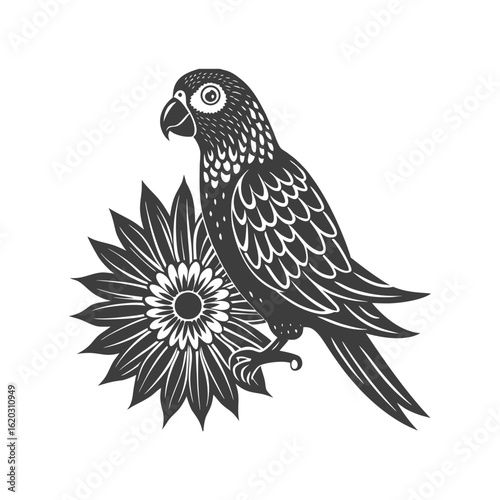 A powerful nocturnal bird of prey, an isolated  parrot  with wings spread wide, on a clean white background