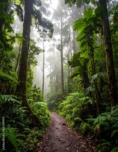 Lush, misty rainforest path