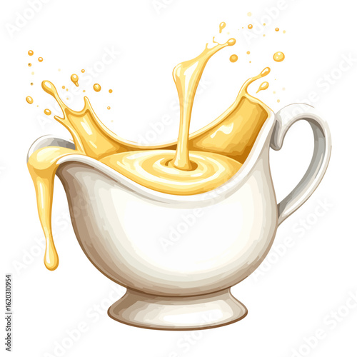 Classic white ceramic gravy boat with a dynamic splash of golden yellow sauce, dripping over the side.