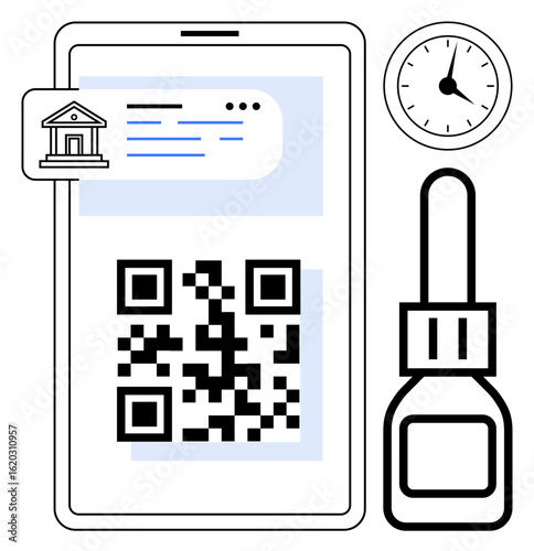Smartphone displaying QR code, bank interface, and dropper with clock symbolizing secure, precise online banking. Ideal for technology, finance, time management, innovation, fintech e-commerce