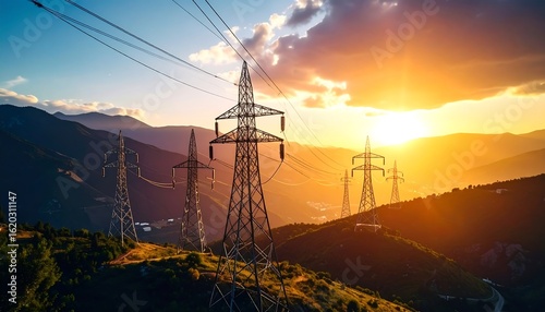 Transmission towers carrying electricity against the backdrop of a stunning sunset and mountain