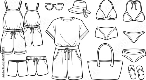 Women's Summer Vacation Essentials Collection: Rompers, T-Shirt Dress, Shorts, Bikinis, Sunglasses, Hat, Bag, and Flip-Flops, Ideal for Travel, Beach, and Leisure, Vector Outline Set.