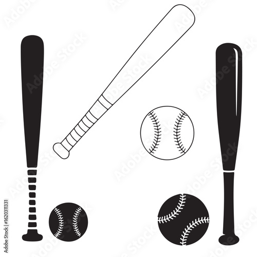 single, two crossed baseball bat and ball icon vector silhouettes