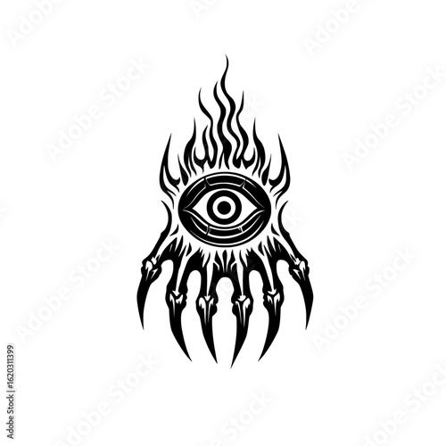 A mystical vector illustration of a demonic eye engulfed in flames and held by a skeletal claw. Tribal fantasy art.