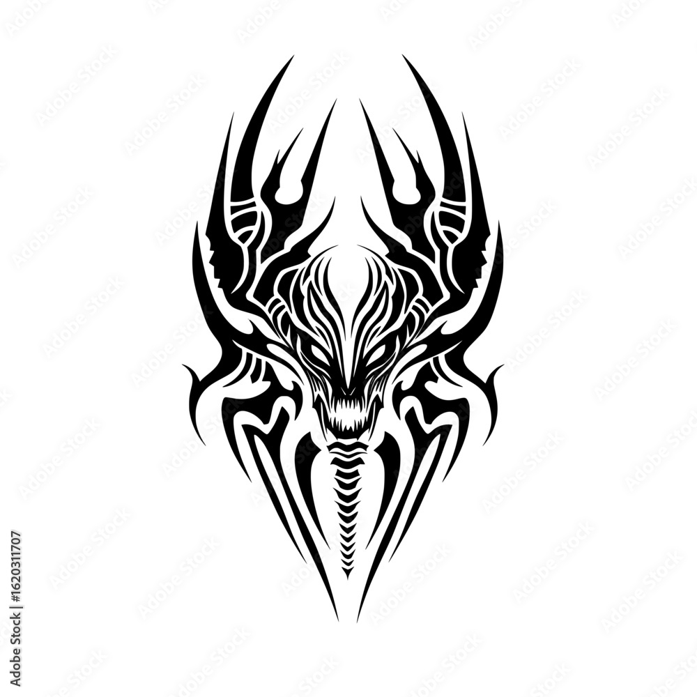 Fototapeta premium Vector illustration of a fierce monster head in a black tribal tattoo style. Symmetrical demonic alien emblem.
