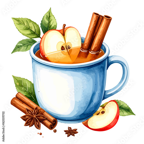 Watercolor Illustration of Apple Cider with Cinnamon and Apple Slice