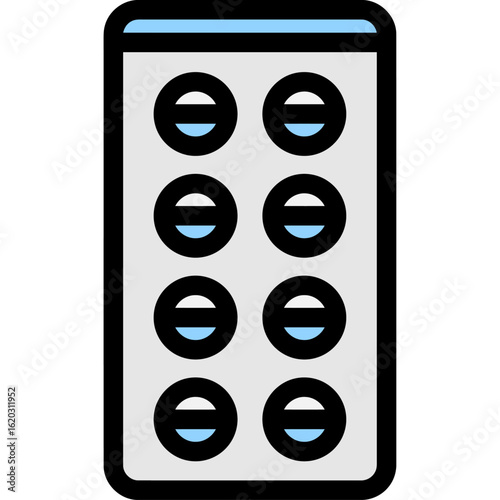 A rectangular package containing eight round pills, each with a blue and white segmented circle design, presented in a clean, stylized illustration.