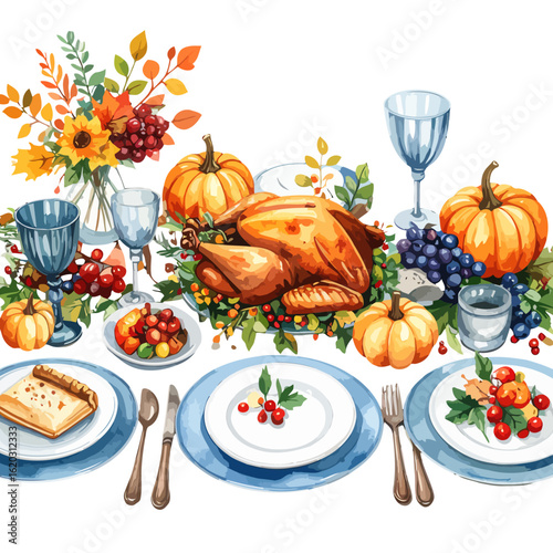 Watercolor illustration of a Thanksgiving feast with roasted turkey, pumpkins, and autumn harvest decorations.