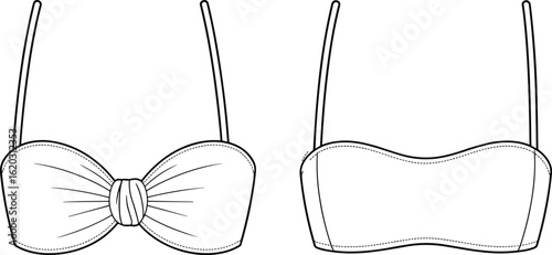  Women's Stylish Strapless Bandeau Bikini Top Technical Fashion Flat Sketch with Front Bow Detail, Perfect for Swimwear Design, Beachwear, and Summer Resort Collections, Vector Illustration.