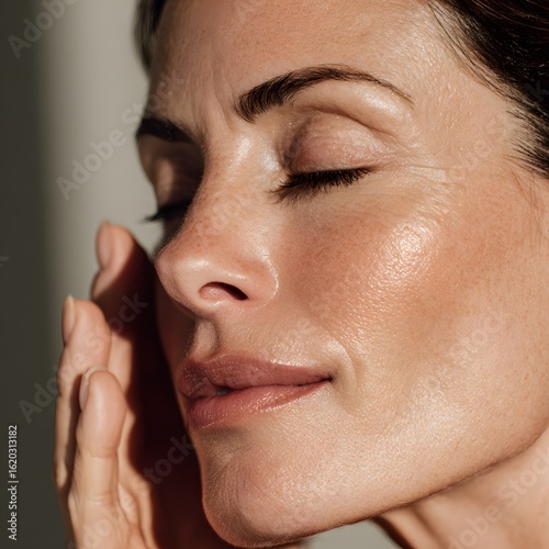 Natural Skincare Beauty: Close-Up Portrait of Woman Embracing Moisturizer and Facial Serum for Hydration, Relaxation, and Radiant, Healthy Glowing Skin in Self-Care Routine