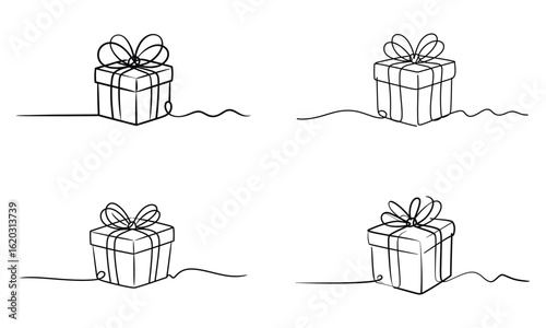 Hand drawn gift box illustration with ribbon and bow in minimalist line art style
