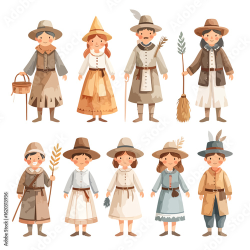 Group of charming illustrated characters in rustic, historical peasant costumes with hats.