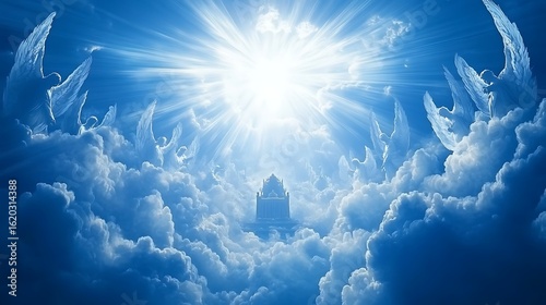 Radiant Celestial Throne Amidst Blue Clouds and Heavenly Light