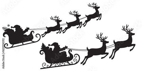 Santa Claus is flying in sleigh with Christmas reindeer silhouettes, santa's sleigh silhouette	