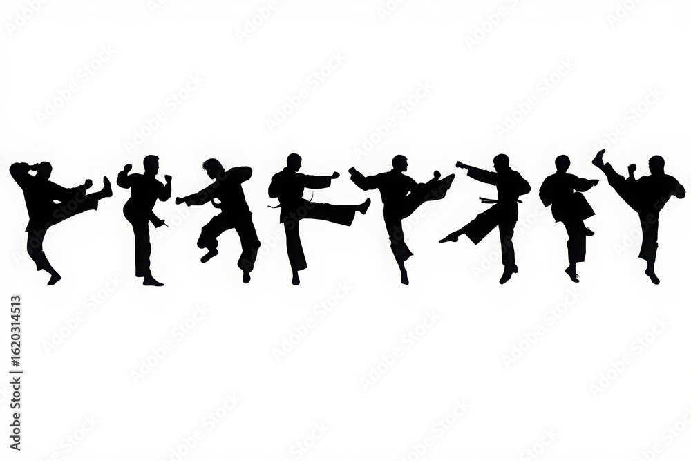 Fototapeta premium Group of karate fighters in action poses, kicking and striking, isolated on white background