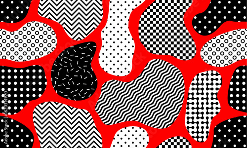 Contemporary seamless pattern with simple geometric shapes in black, white and red colors. Stylish abstract background in Scandinavian style for
