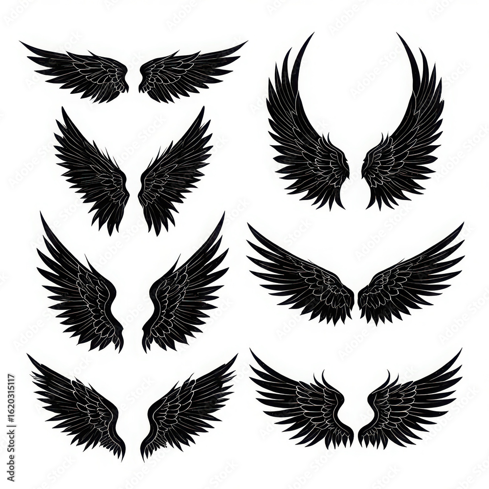 Obraz premium Set of various black stylized wings and feathers, isolated on white background