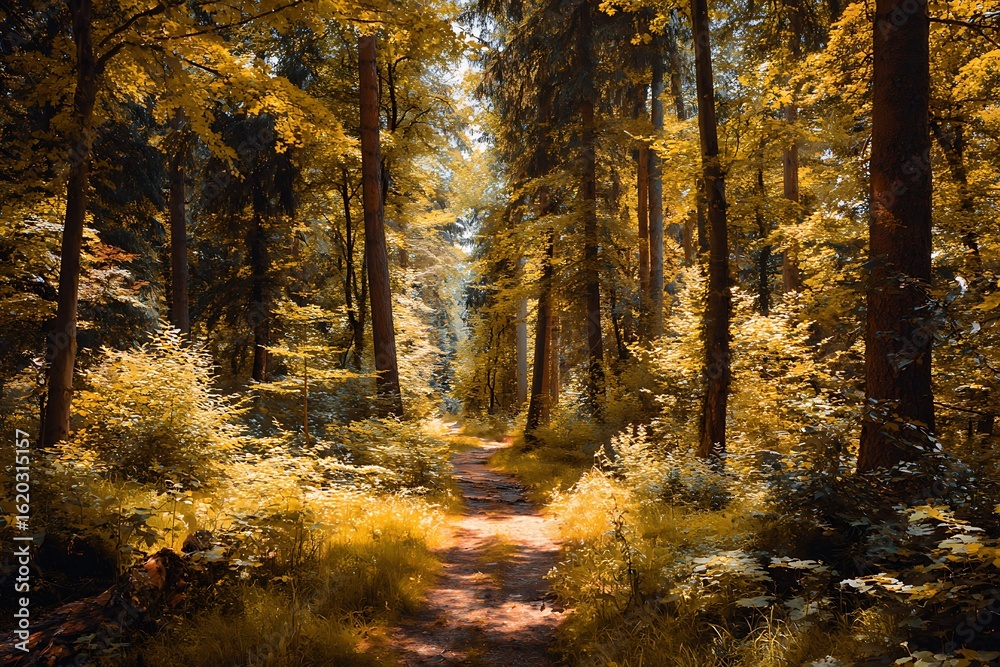 Obraz premium Sunlit Forest Path Surrounded by Tall Trees and Autumn Foliage
