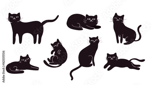 Set of cute black smiling doodle cats, vector illustration. Kawaii kittens isolated on a white background. Simple flat design for pet care. Home pets cats collection 