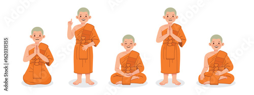 Young Buddhist monks in saffron robes including poses of meditation, greeting with "wai" gesture and teaching. For use in education, religious materials and Buddhist culture concepts.