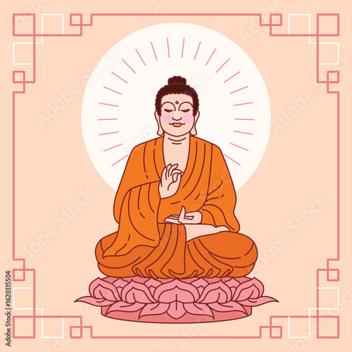 Buddha in meditation pose, performing the Dharmachakra mudra. Perfect for Buddhist designs, spiritual prints, mindfulness graphics, and yoga-inspired decorations. Flat line art style with calm colors.