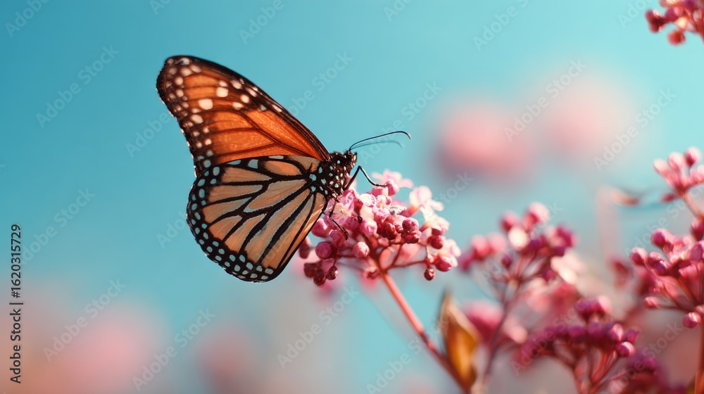 Obraz premium A monarch butterfly gracefully perched on a blooming pink flower, collecting nectar under a clear blue sky.
