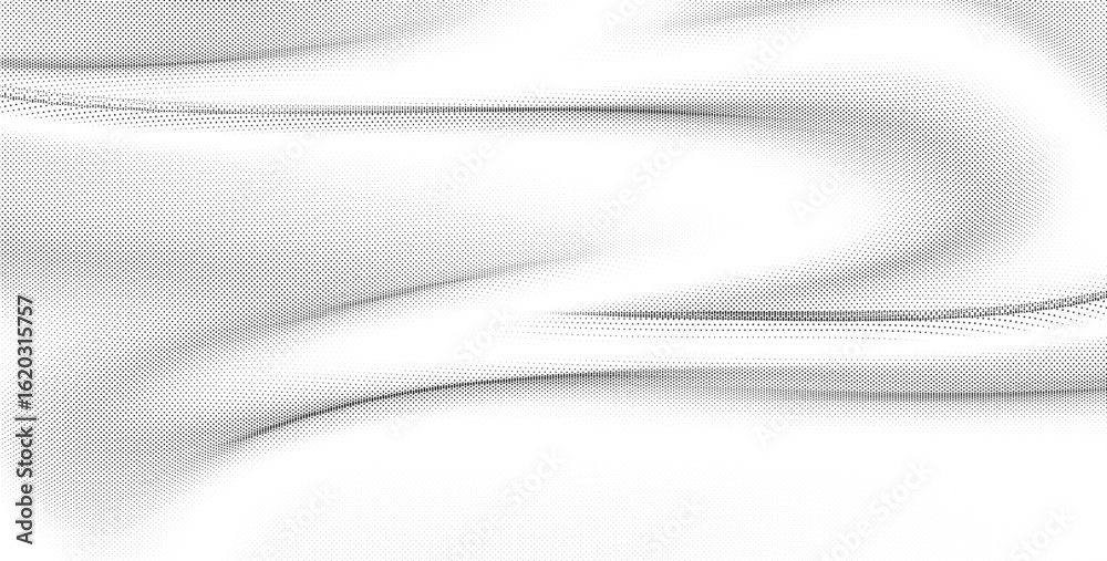 Fototapeta premium Flowing Wave Dot Halftone Vector Pattern: Curve Gradient Shape on Transparent Overlay Background. Suitable for AI, Tech, Network, Digital, Science