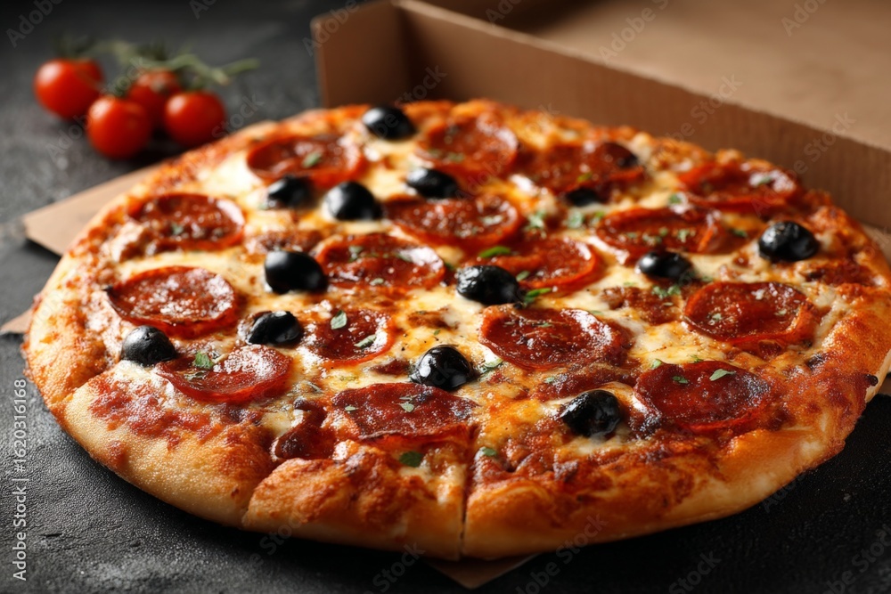 Fototapeta premium Delicious pepperoni pizza topped with black olives and fresh herbs on a dark countertop