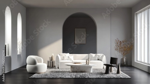 A simple and elegant minimalist living room with a monochrome color scheme, sleek furniture, and a minimalist rug.