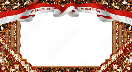 Celebrate Indonesian Independence with vibrant Merah Putih ribbon and traditional batik border design