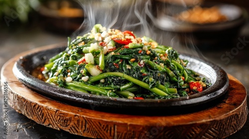 A sizzling plate of stir-fried morning glory with garlic and chili, served hot on a traditional Thai dish.