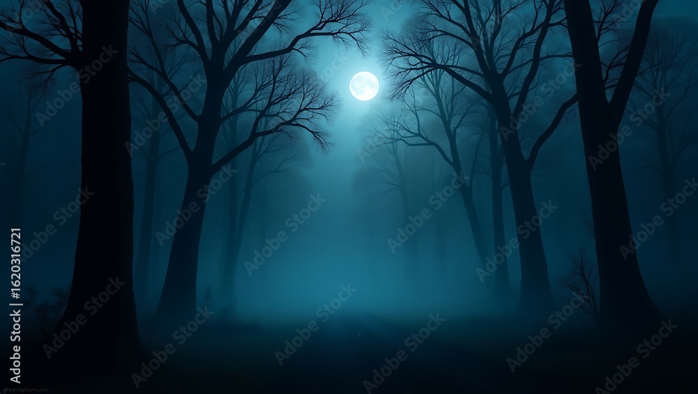 Fototapeta premium Spooky Haunted Forest at Night with Full Moon and Twisted Dark Trees