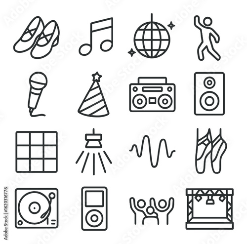 Line icons of dance and music elements with party theme