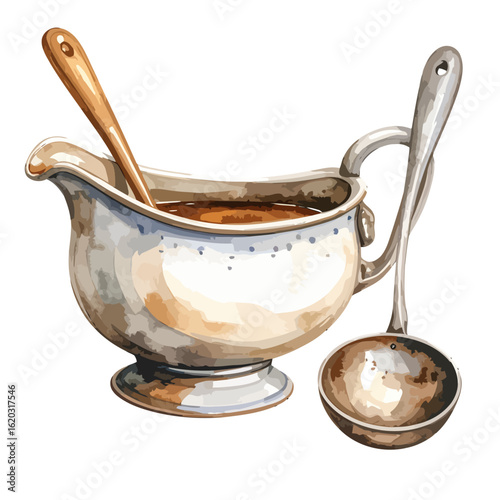 Vintage white ceramic gravy boat with brown sauce, a wooden spoon, and a silver ladle, in a watercolor style.