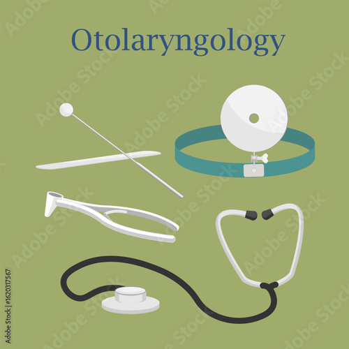items for otolaryngological examination on olive background phonendoscope, spatula, head mirror, laryngeal mirror, ear mirror