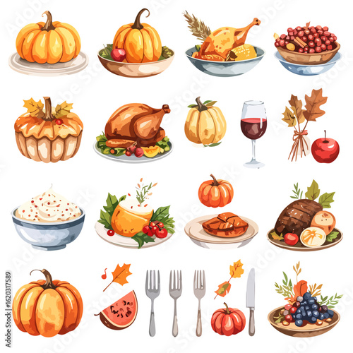 Watercolor Autumn Thanksgiving Feast Elements Collection Isolated Illustrations