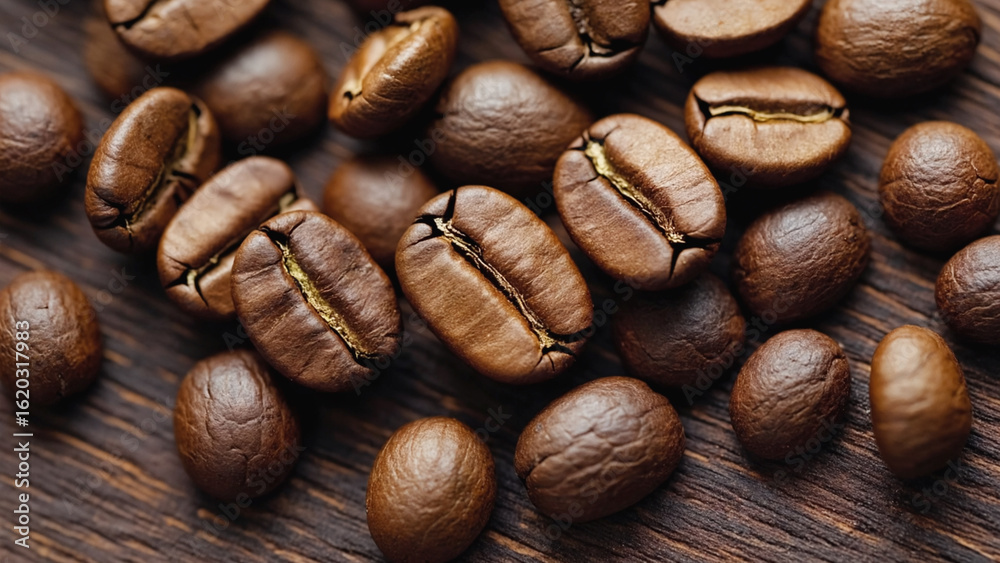 Fototapeta premium Roasted Coffee Beans on Brown Wood, Macro Food Photography. Coffee for cafe restaurant preparing cooking kitchen