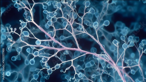 Microbiology Cell Structure and Biology: Microscopic View of Microorganisms in Blue Background Featuring Mycelium, Fungi, Algae - Eukaryotic & Plant Cells Division Research 