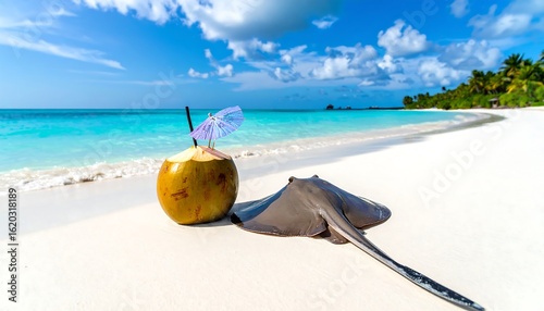 Fototapeta Naklejka Na Ścianę i Meble -  Tropical paradise featuring a coconut drink and a stingray on a white sand beach