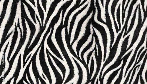 Seamless zebra skin or tiger fur stripe pattern. Tileable monochrome bold black and white African safari wildlife background texture. 