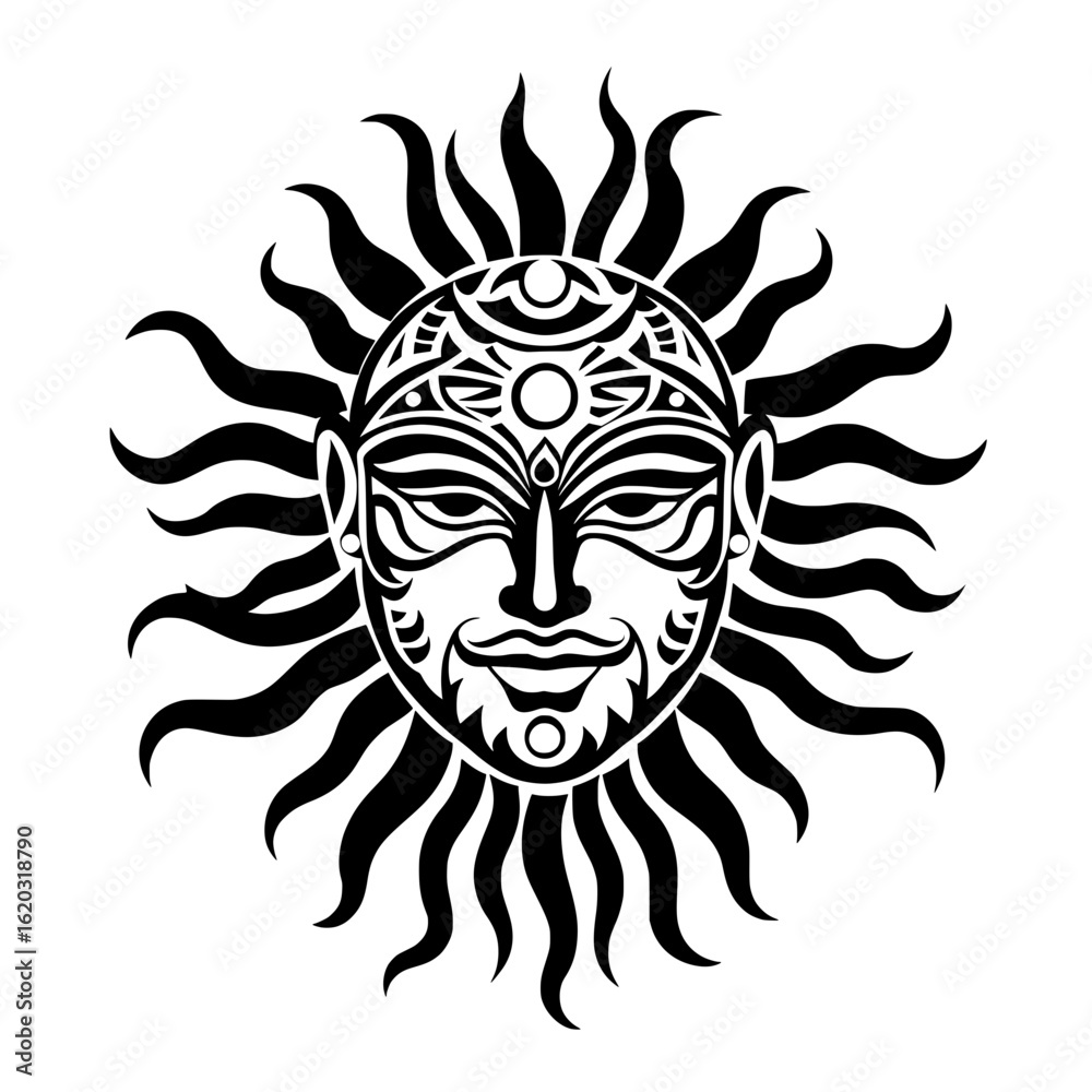 Fototapeta premium Stylized sun with a face, crafted in a black and white tribal ethnic style. Vector graphic of an ancient deity.