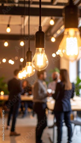 Warmly lit interior space with hanging Edison bulbs, blurred figures of people in business casual attire socializing
