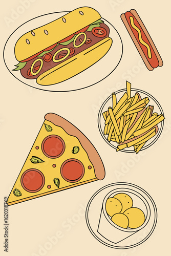 hotdog, hamburger, french fries, pizza slice, scrambled eggs
