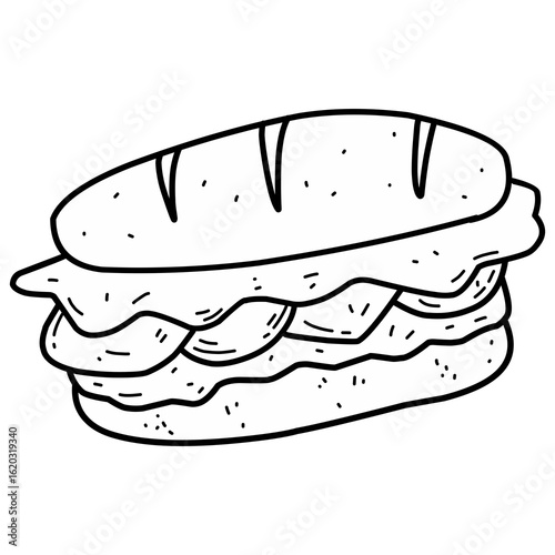 Black and white cartoon illustration of a burger or sandwich with cheese and lettuce in hand-drawn style.