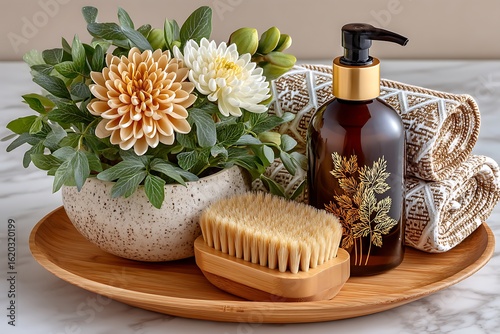 Wooden tray with beauty products high resolution picture