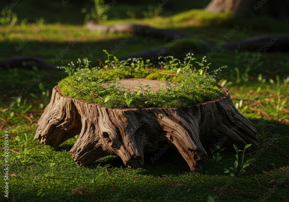Fototapeta premium A mossy tree stump podium teeming with new green growth