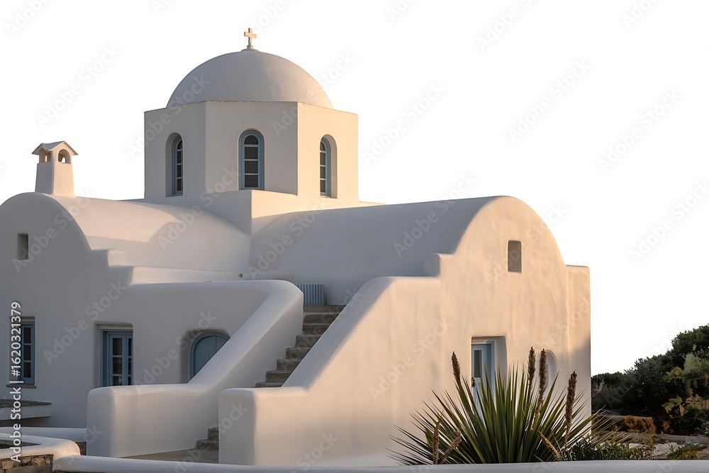 Fototapeta premium Traditional white greek orthodox church with blue accents and dome against a bright sky